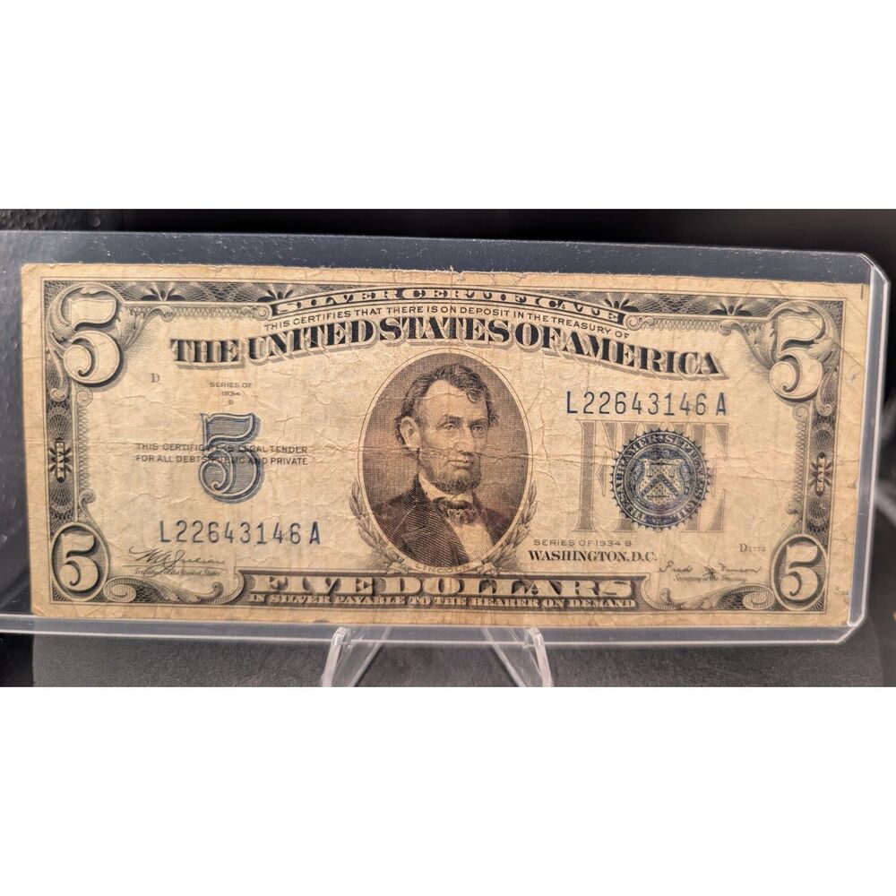 Series 1934 B $5 Blue Seal Silver Certificate Note L22643146A